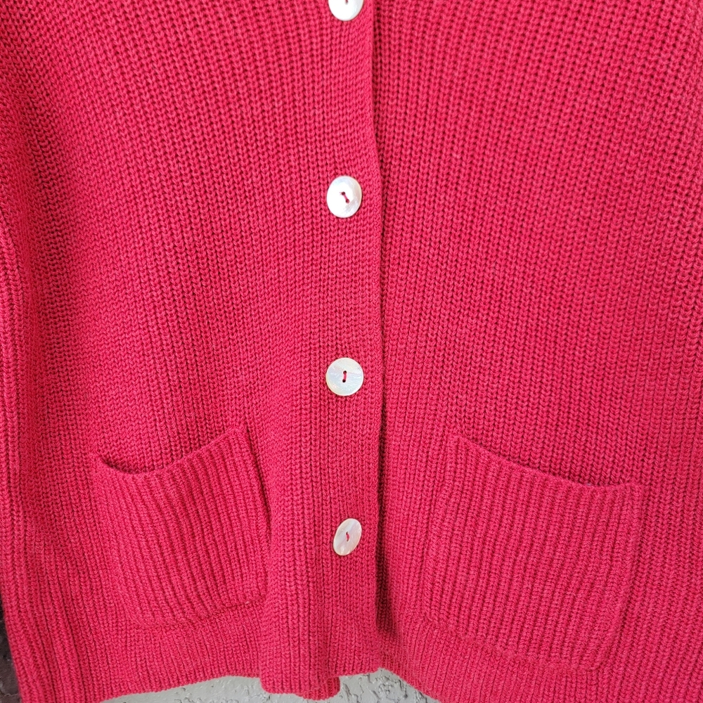 Nic+Zoe Deep Red Knit Cardigan M Tulle Fringe Cuffs Pearl Buttons Statement - Picture 9 of 13